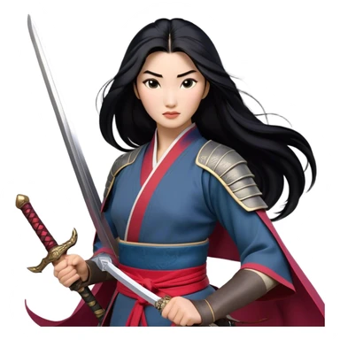Cinematic Realistic Mulan Portrait, depicted with lifelike skin texture, soft natural lighting, and intricately detailed long black hair styled elegantly. Her deep, expressive eyes exude determination and grace, complemented by a serene yet confident expression. She stands with one hand resting on the hilt of her sword, the other by her side, exuding strength and poise. She is dressed in her classic attire, with rich fabric textures and delicate folds that catch the light beautifully. The portrait features a soft, enchanting glow with a natural, radiant finish, capturing the essence of timeless strength and beauty in a realistic and painterly style, evoking a sense of depth and authenticity. sticker