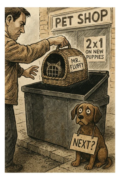 "Primo piano dell'uomo che butta il cesto del gatto (con ancora la scritta 'Mr. Fluffy') nel cassonetto, mentre il cane lo guarda terrorizzato con un cartello al collo: 'PROSSIMO?'. Sullo sfondo, un negozio di animali con l'insegna '2x1 su nuovi cuccioli'. Stile illustrazione editoriale, inchiostro e acquerello." sticker