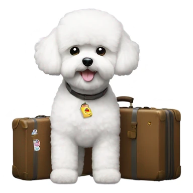 A Bichon Frise standing next to a suitcase filled with iconic places stickers on the suitcase  sticker