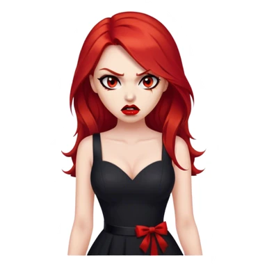a beautiful very angry woman with long red hair and red eyes. The woman wear a black little cutted dress. She have red lipstick and she have a seductive look. Angry face sticker