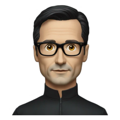 photo realistic Ralf Hutter from Kraftwerk, short straight black hair, black glasses, Tesla T-shirt sticker