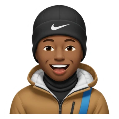 black guy with nike ski mask on squinching his face with his mouth closed trying to hold his laugh with his eyes closed sticker