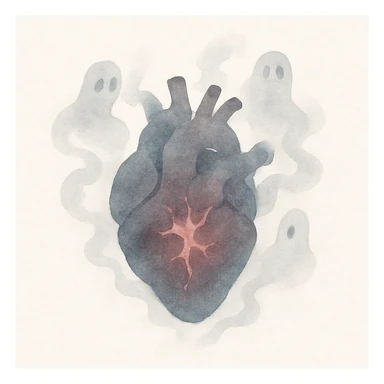 a cursed monster heart, pulsating with dark energy, surrounded by ghostly mist, in a painterly fantasy style sticker