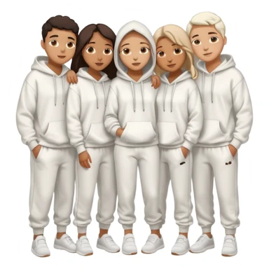 four mixed race friends all wearing white oversized hoodies with the all of the hoods up, white sweatpants, and white slides huddled together hugging sticker