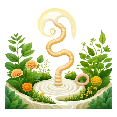 Magical garden with yogurt, kimchi, and kombucha appearing as glowing plants. A spiral intestine forms the center path, with golden beneficial bacteria floating like pollen and light seeds. The scene has an ethereal, dreamy quality representing the inner ecosystem. sticker