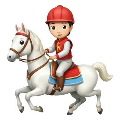 “A Chinese little boy is riding a cute white small horse, and the horse is running. The blanket on the saddle says ‘2026.’” sticker