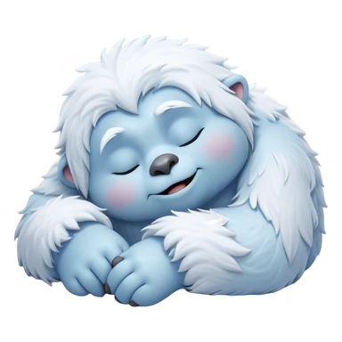 Meme-Worthy Cute Sleeping Yeti Portrait Emoji, with a charming, fluffy, snow-dusted figure in gentle whites and cool blues, head resting in blissful, serene slumber with closed, peaceful eyes and a small, contented smile, simplified yet irresistibly adorable, highly detailed with a soft frosty outline that captures the tender drowsiness of a yeti drifting into snowy dreams! sticker