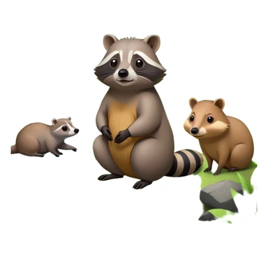 Collage of a raccoon and capybara in a lush, vibrant forest. The raccoon curiously looks around, while the capybara rests peacefully near a stream. The forest is full of green trees, leaves, and soft sunlight. A serene and natural background. sticker