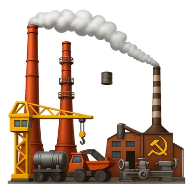 Add more visible machinery and equipment to the Soviet heavy equipment plant in emoji style, with no background. sticker