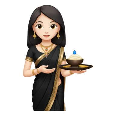 Russian girl in Indian black saree with full image from head to leg and holding a cream colour small tray in her both hands sticker