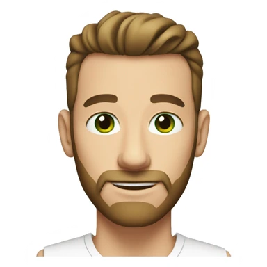 white man with short beard and a top knot brown hair. green eyes. slightly smiling. sticker
