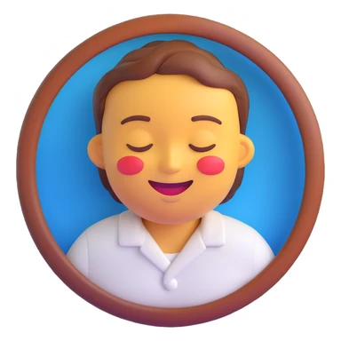 3D render of a smiling face emoji with closed eyes, glossy and realistic, as the head on a human body wearing a white shirt, centered in a circular frame with a solid vibrant blue background, playful and slightly surreal style, smooth lighting, soft shadows sticker