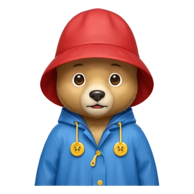 A bear in a red rain hat and a blue raincoat with yellow buttons down the middle sticker