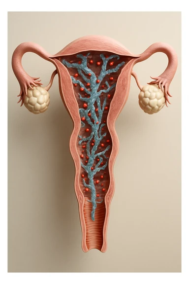 utero umano realistico con batteri della candida intorno, la foto si deve vedere per intero in formato verticale, sfondo neutro chiaro, iperrealistico 4k sticker