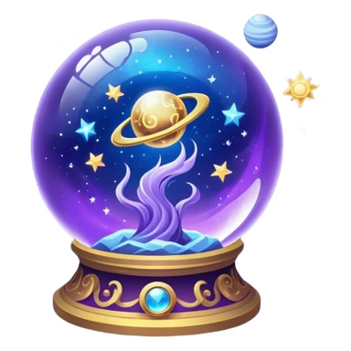 A mystical, glowing crystal ball with swirling sparkles, surrounded by zodiac signs and planets floating in space, all set against a transparent background. Use bright purples, blues, and golds to create a magical, mysterious vibe. sticker