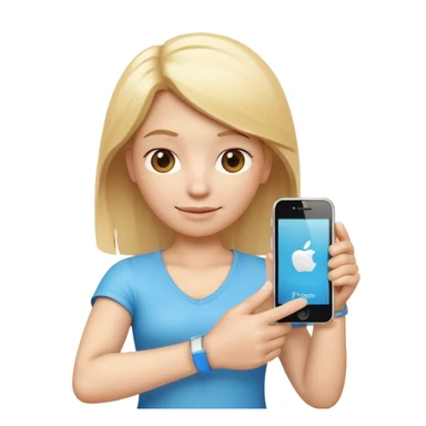 3D emoji character in Apple iPhone style, blond hair, no glasses, white tattoo on the arm, holding an iPhone in one hand, cute and friendly expression, smooth and shiny skin, minimalistic design, high quality, vibrant colors, realistic lighting, isolated on white background sticker