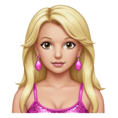 Britney Spears with long blonde hair, pink sequin crop top, pink earring sticker