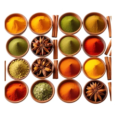 Assorted colorful spices in small bowls, including red paprika, yellow turmeric, green herbs, and brown cinnamon sticks sticker