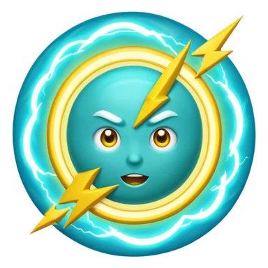 Uranus planet emoji in Apple-style, blue-green with dynamic rings, a large, fun, excited, and expressive face, and one big yellow lightning bolt in front, symbolizing chaotic and unexpected energy. sticker