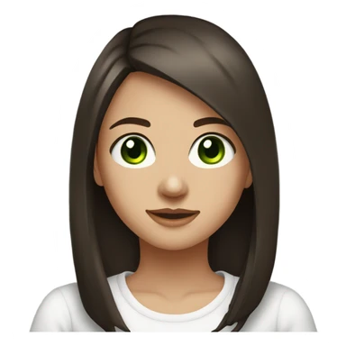 very pretty teenage girl, around 17 years old, dark brown hair with long bob and green eyes, she is wearing a white t-shirt sticker