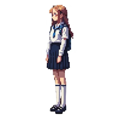 slender schoolgirl in navy uniform in classroom at sunset with dramatic shadows, one desk pulled out, gazing at window, feeling of longing sticker