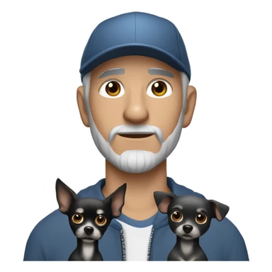 blue eyed man, with grey hair and grey goatee, wearing ball cap, holding long hair black chihuahua sticker