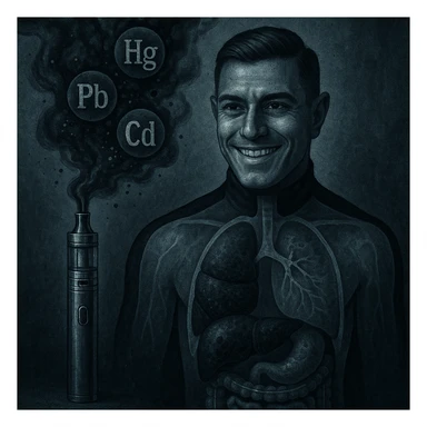 A stylized and unsettling electronic cigarette releasing dark metallic smoke filled with toxic particles. Within the smoke, symbols of heavy metals (Pb, Hg, Cd) travel towards a transparent human body. Inside the body, the liver and intestines appear blackened or visibly clogged. The atmosphere is dark, medical-symbolic style with cold metallic colors, conveying a strong and disturbing visual message. The face is inspired by the reference photo provided. sticker