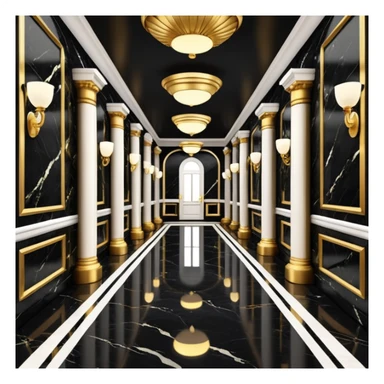 Luxurious black marble hallway with gold and white accents  sticker