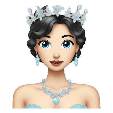 Gorgeous pastel Lady with black hair blue eyes in a sparkly shiny dress with tiara and necklace and flowers behind her and trending  sticker