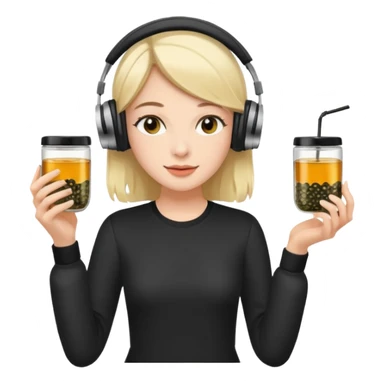 a young woman full length walks with headphones on with a caviar toast in one hand and herbal tea in the other hand sticker
