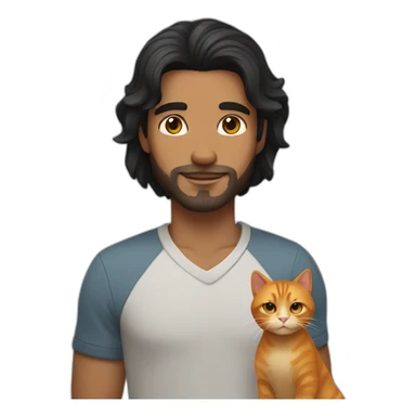 man with shoulder length black hair holding a ginger cat sticker
