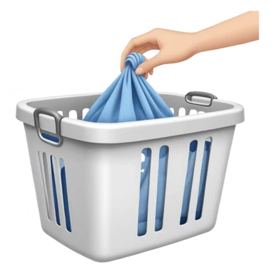 hands placing clothes in a laundry hamper, clean and clear sticker