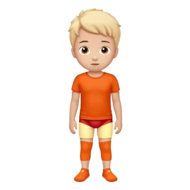 A kid wearing a red pooped underwear with a orange t-shirt looking back sticker