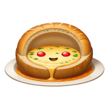 Żurek Cinematic Realistic Żurek Soup Dish Emoji, depicted as a tangy rye soup served inside a hollowed-out round loaf of bread, rendered with rich textures and dynamic, comforting lighting. sticker