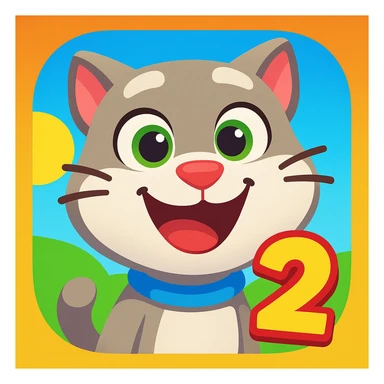 app icon inspired by My Talking Tom Friends 2, featuring a playful cartoon cat with a number 2, bright colors, fun friendly vibe sticker