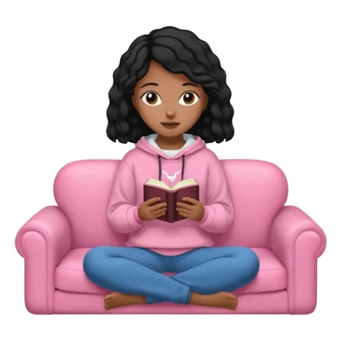 Una chica linda de cabello negro con ondas hasta los hombros de piel blanca con una sudadera rosa en un sofá cómodo y hermoso leyendo la biblia sticker