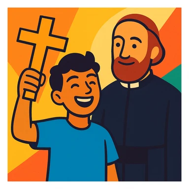 joyful Christian youth with a cross, subtle reference to Hno. Gabriel Taborin with beard and habit, vibrant and uplifting style, Christian vocational animation sticker