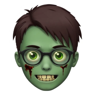 Zombie emo boy, green skin and brown hair and eyes, black glasses and a scary smile with a cut on the side, scars and blood under eyes sticker