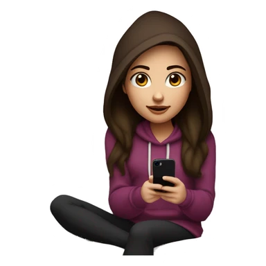 A cute girl with burgundy dark brown hair with red eyes on her iPhone 16 Plus on a couch with a purple hoodie and black leggings. Her hair is long and she has blue eyes. sticker