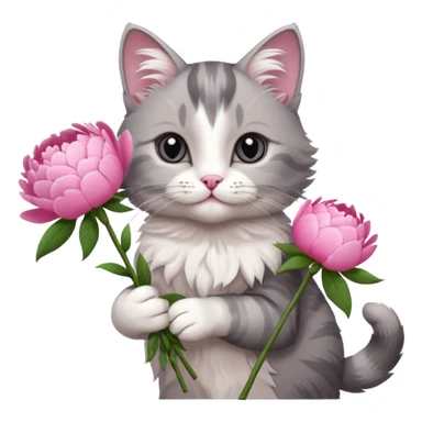 Cute cat Handing pink peonies like reaching a hand and handing them out a bouquet of them not a physical hand the cats hand  make the cat fluffy and grey and white fluffier make the cat wear a pink coquette make her wear a pink coquette make the peonies open and in boquette sticker