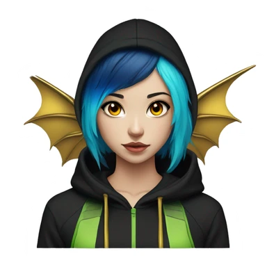 Lady with brunette and iridescent blue hair, gold, lime green dragon wings, black hoodie, bleach dyed, black and gold Nike t shirt, and bright red eyes sticker