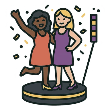 small simple icon of two women, one Black and one White, posing together on a spinning platform, confetti and LED lights in purple gold and black, festive upscale sticker