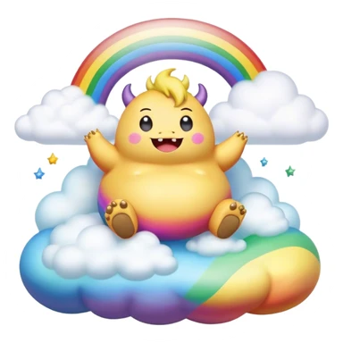 3D, Kawaii derpy fat rainbow monster sitting on a magic rainbow hued cloud, rich textures, visually detailed, so lifelike that it feels like it could leap off the page at any moment sticker