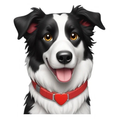 A black and white border collie with an skewed to the left white spot on his head and a red plaque on his collar chewing on iPad cord sticker