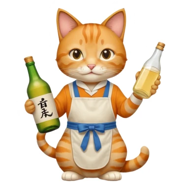 cool cat wearing an apron holding a bottle of sake sticker