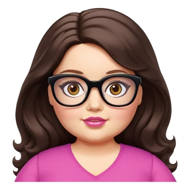  woman, long dark brown wavy hair, very light fair skin, hazel eyes, glasses, very chubby, barbie doll style,  sticker