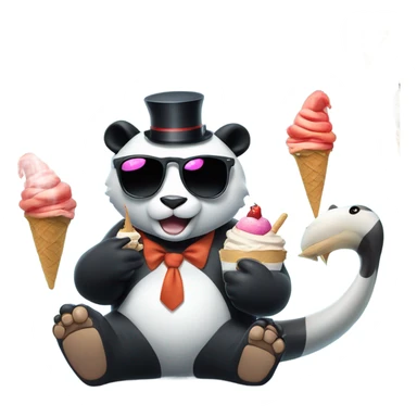 Cat with sunglasses sitting next to panda eating ice cream on top of a shark with a top hat sticker