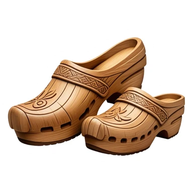 Cinematic Realistic Wooden Clogs Emoji, depicted as a pair of traditionally carved weathered wooden clogs with intricate details and rustic charm, rendered with rich textures and warm natural lighting that captures their cultural heritage. sticker