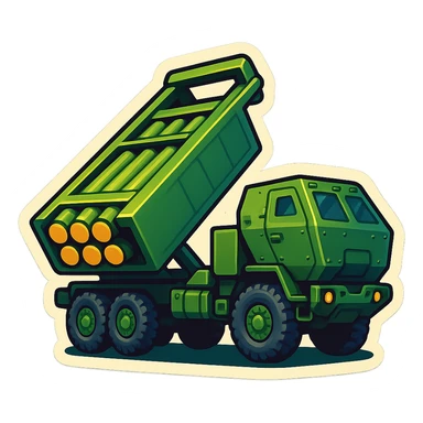 Create an emoji of HIMARS based on the provided photo. Style: emoji, three-quarter view, six rocket tubes, cabin, raised launcher, military green color, no background, focus on wheels. sticker