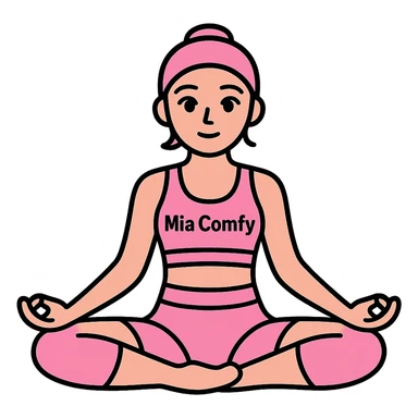 Add the name 'Mia Comfy' in a clear, stylish font on the pink yoga top. Keep the background transparent. sticker